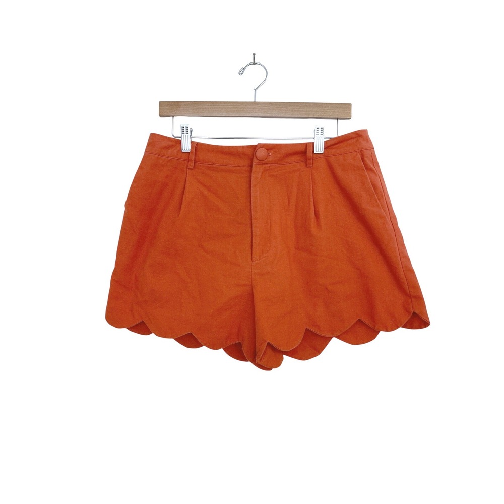 Aureum Burnt Orange Linen Cotton Blend Scallop Hem High Rise Shorts Large